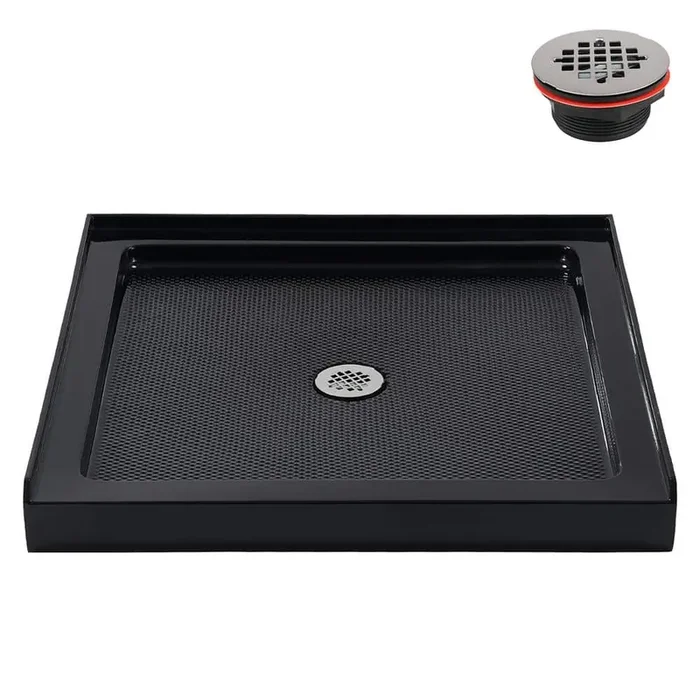 36 in. L x 36 in. W Alcove Acrylic Shower Pan Base in Glossy Black with Center Drain, Drain Included