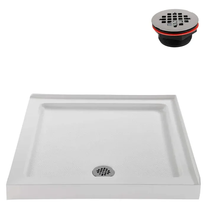 36 in. L x 36 in. W Corner Acrylic Shower Pan Base, Glossy White with Right Hand Drain, Drain Included