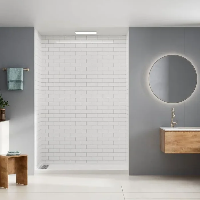 36 in. L x 60 in. W x 96 in. H 4 Pieces Alcove SMC Shower Kit with Surround and Base in Glossy White Bricks Left Drain