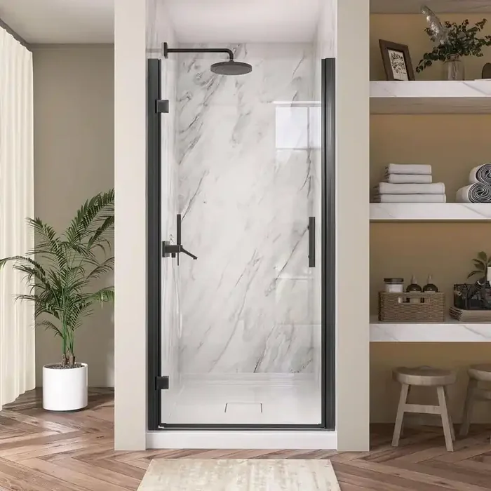 36 to 37-1/4 in. W x72 in. H Frameless Shower Door Left Hinged Pivot Swing Single Door in Matte Black Clear Glass
