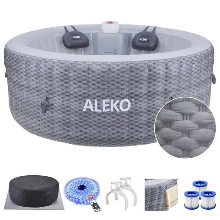 4-Person 120-Jet Charcoal Inflatable Round Hot Tub Energy Efficient Cover Light Gray with Hemp Rope 211 Gal. 110-Volt