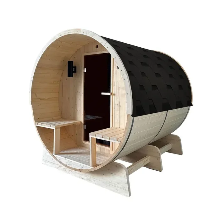 4-Person Outdoor-Indoor Electric White Finland Pine Wet Dry Barrel Sauna, Front Porch Canopy – 8 kW Harvia KIP Heater