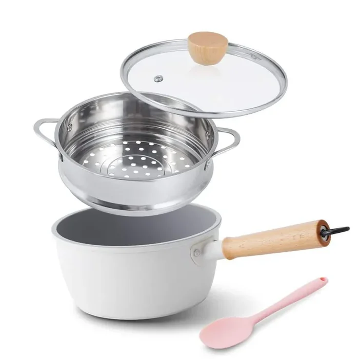 4-Piece 2 qt. Non-Stick White Ceramic Sauce Pan with Wooden Handle, Steamer and Lid for Gas, Electric and Induction