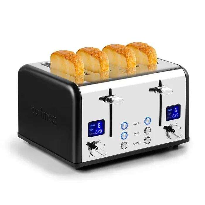 4-Slice Black Stainless Steel Wide Slot Toaster with 6 Shade Settings, Ultra-Clear LED Display, Dual Control Panels
