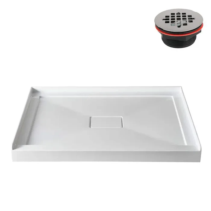 42 in. L x 34 in. W Alcove Acrylic Shower Pan Base in Glossy White with Center Drain, Drain Included