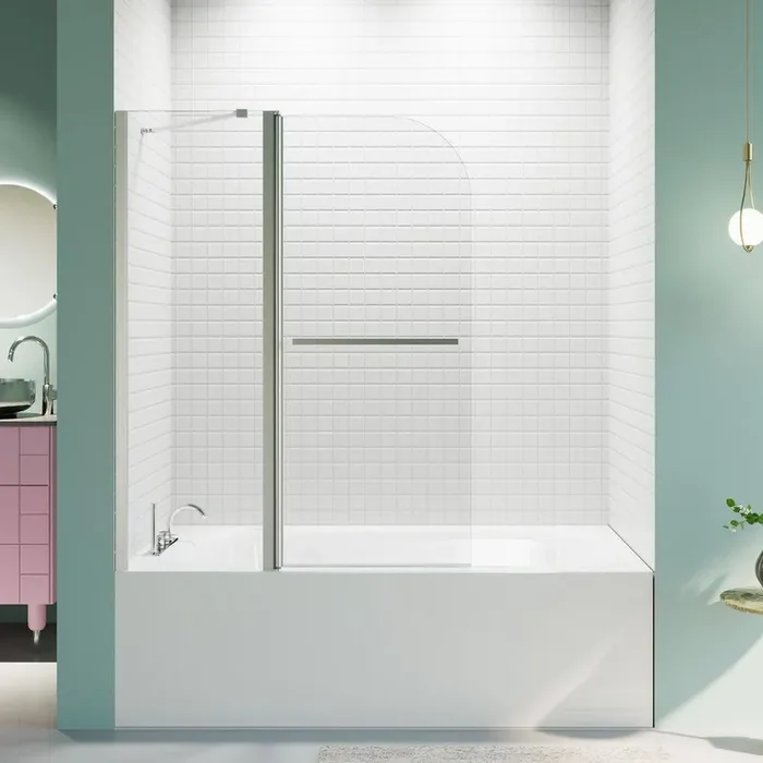 43 in. W x 58 in. H Folding Pivot Bathtub Shower Door in Chrome with 1/4″ (6mm) Thick SGCC Tempered Clear Glass