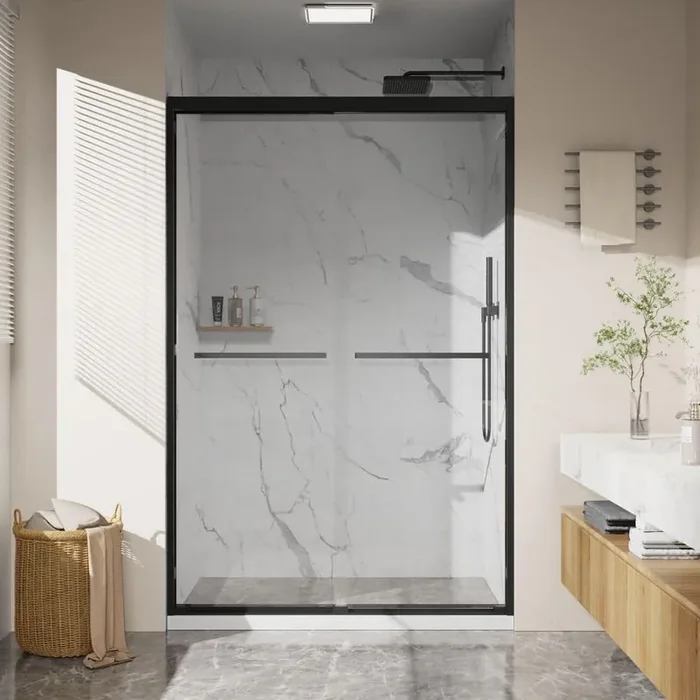 44 in. – 48 in. W x 72 in. H Double Sliding Aluminum Framed Shower Door with SGCC Clear Tempered Glass in Matte Black