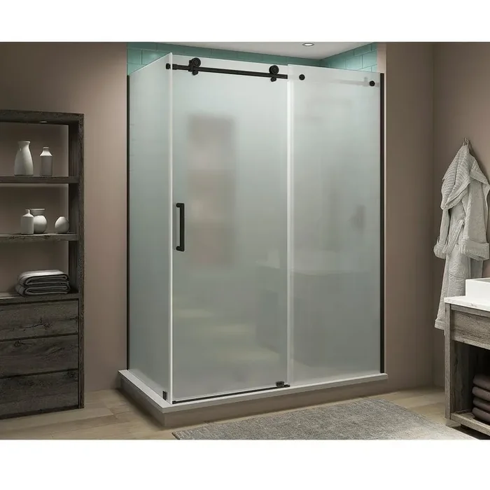 44 in. – 48 in. x 34 in. x 80 in. Frameless Corner Sliding Shower Enclosure Frosted Glass in Oil Rubbed Bronze