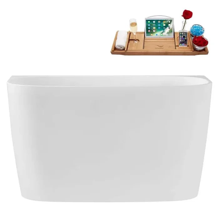 47 in. x 23 in. Acrylic Freestanding Soaking Bathtub in Glossy White with Brushed Brass Drain, Bamboo Tray