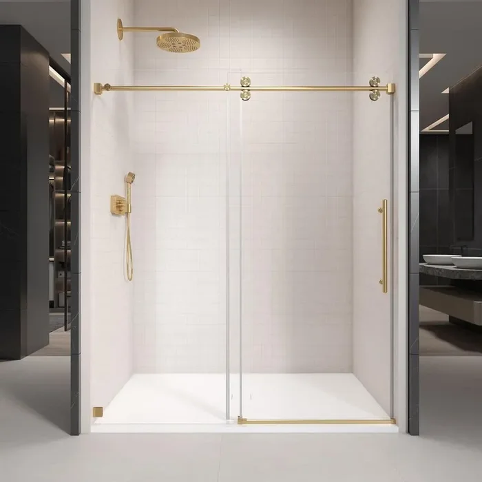 48 in. W x 76 in. H Single Sliding Frameless Shower Door in Brushed Gold with Clear 3/8 in. Glass