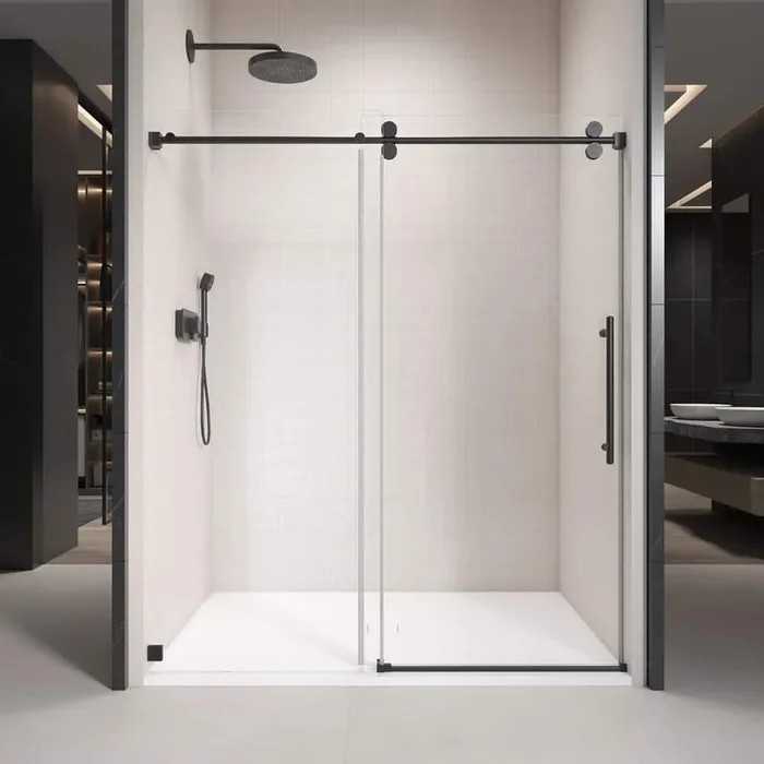 48 in. W x 76 in. H Single Sliding Frameless Shower Door with 3/8 in. Tempered Clear Glass in Matte Black Finish