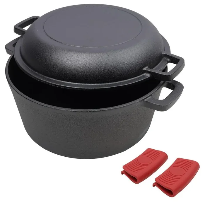 5 qt. Cast Iron Dutch Oven with Dual Handles and 2-Piece Silicone Handle Covers for Camping and Cooking