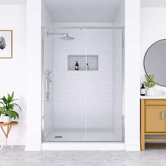 54 in. W x 74 in. H Single Sliding Framed Shower Door in Chrome with Clear Tempered Glass and Easy Roller System
