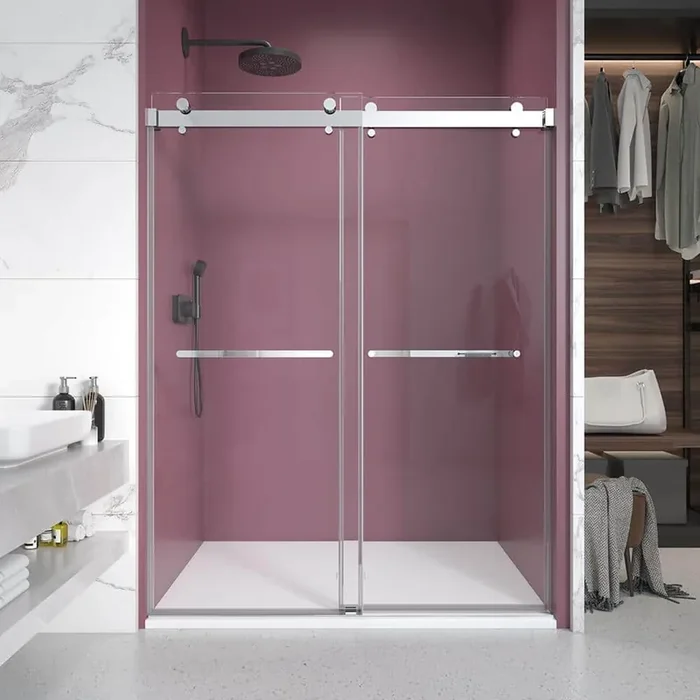 54 in. W x 76 in. H Double Sliding Frameless Shower Door in Chrome with Clear 3/8 in. Glass