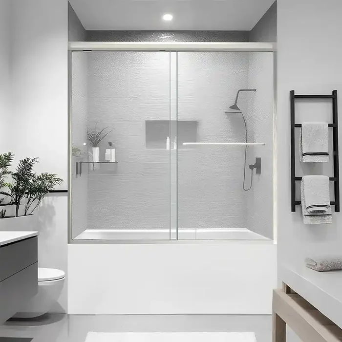 55-60 in. W x 56 in. H Sliding Semi Frameless Tub Door in Brushed Nickel Finish with Clear Glass