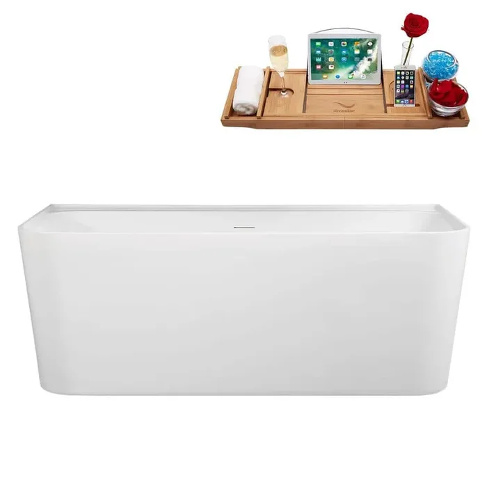 55 in. x 30 in. Acrylic Freestanding Soaking Bathtub in Glossy White with Brushed Nickel Drain, Bamboo Tray
