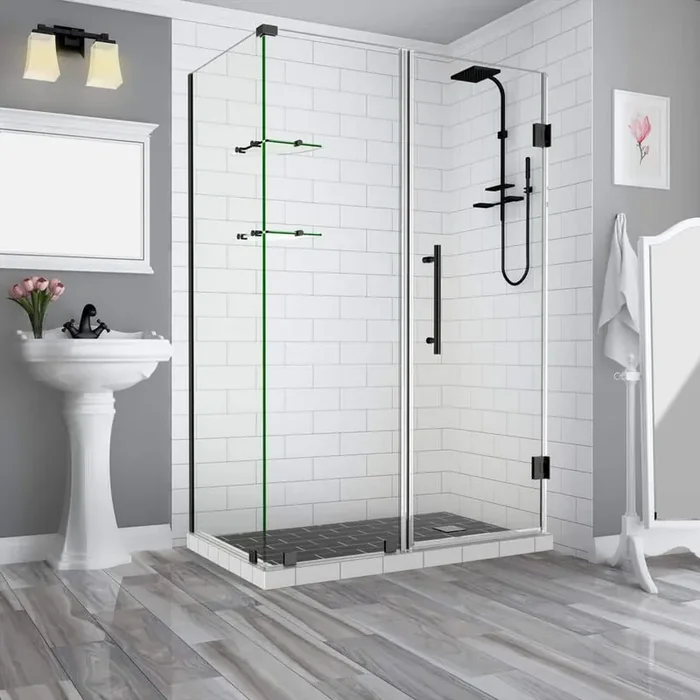 56.25 in. to 57.25 in. x 36.375 in. x 72 in. Frameless Corner Hinged Shower Enclosure with Glass Shelves in Matte Black
