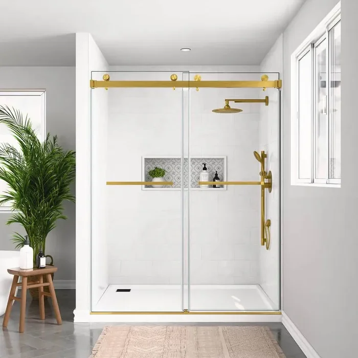 56-60 in. W x 72 in. H Double Sliding Frameless Shower Door in Brushed Gold with Smooth Sliding and 3/8 in. Clear Glass