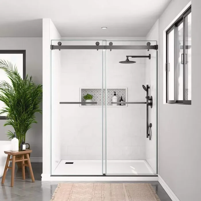 56-60 in. W x 80 in. H Double Sliding Frameless Shower Door in Space Gray with Smooth Sliding and 3/8 in. Clear Glass