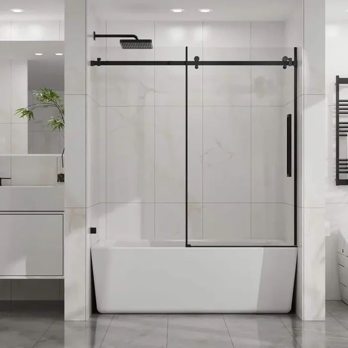 56 in. – 60 in. W x 58 in. H Frameless Sliding Tub Door with 1/4 in. SGCC Clear Tempered Glass in Matte Black
