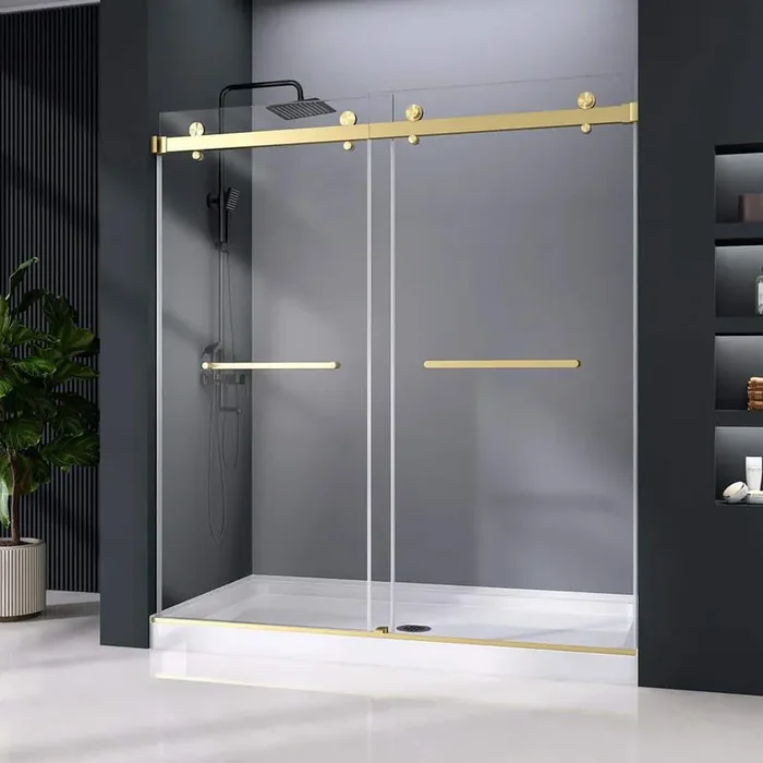 56 to 60 in. W x 76 in. H Frameless Double Sliding Shower Door in Brushed Gold Stainless Steel with 5/16 Clear Glass