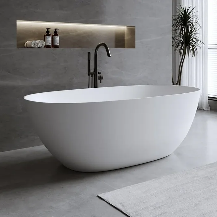 57 in. x 30.7 in. Resin Stone Soaking Bathtub in Matte White Solid Surface Modern Tub with Overflow and Pop-up Drain