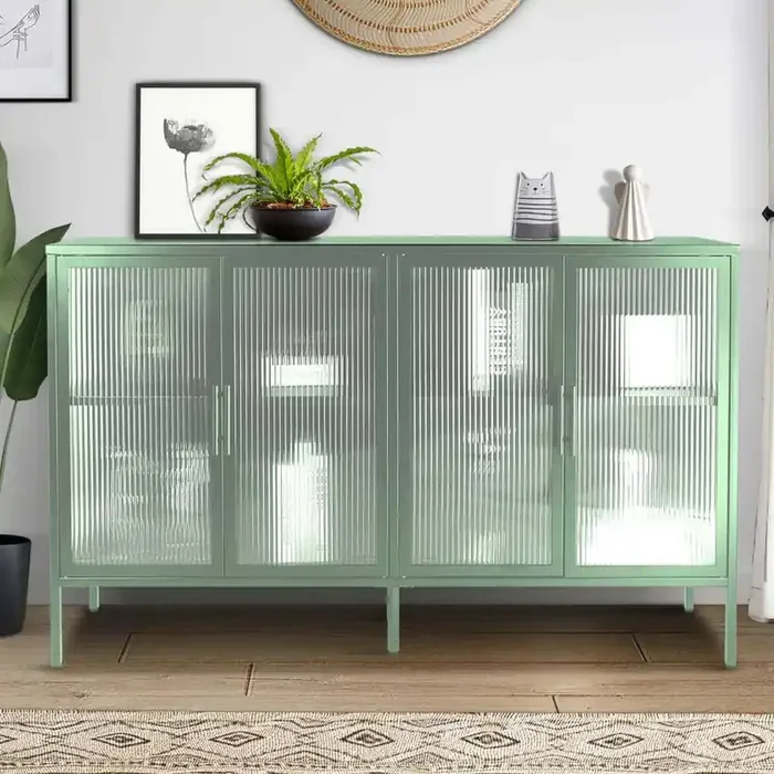 59.17 in. W Light Green Anti-Tip Tempered Glass Cabinet with 4-Glass Doors and Adjustable Shelf and Feet