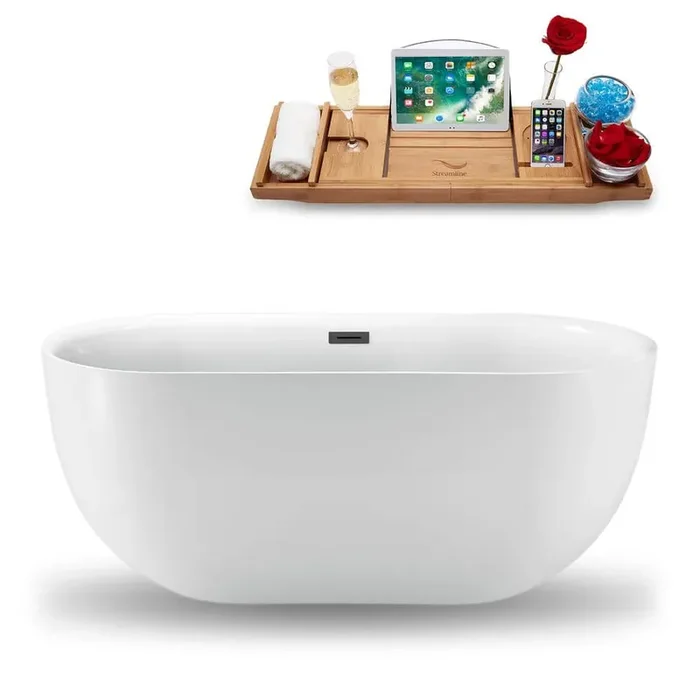 59 in. Acrylic Flatbottom Non-Whirlpool Bathtub in Glossy White with Brushed Gun Metal Drain and Overflow Cover