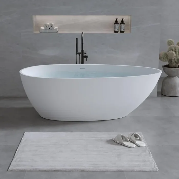 59 in. L x 30.7 in. W x 20.5 in. H Freestanding Solid Surface Stone Resin Soaking Bathtub, Pop-up Drain, Matte White