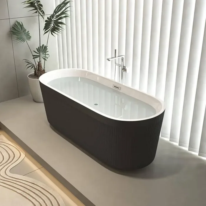59 in. x 30 in. Linear Unique Pleated Design Acrylic Soaking Freestanding Bathtub with Chrome Drain in Glossy Black