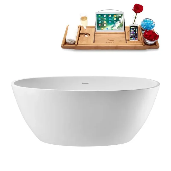 59 in. x 32 in. Acrylic Freestanding Soaking Bathtub in Glossy White with Brushed Brass Drain, Bamboo Tray