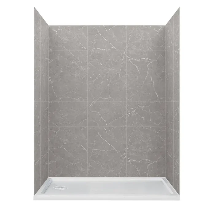 60 in. L 30 in. W 78 in. H 2 Piece Alcove Shower Kit with Glue Up Shower Wall and Shower Pan in Polished Grey Marble
