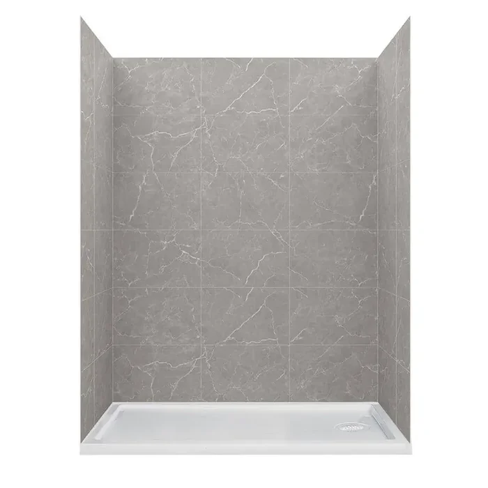 60 in. L 30 in. W 78 in. H 2 Piece Alcove Shower Kit with Glue Up Shower Wall and Shower Pan in Polished Grey Marble