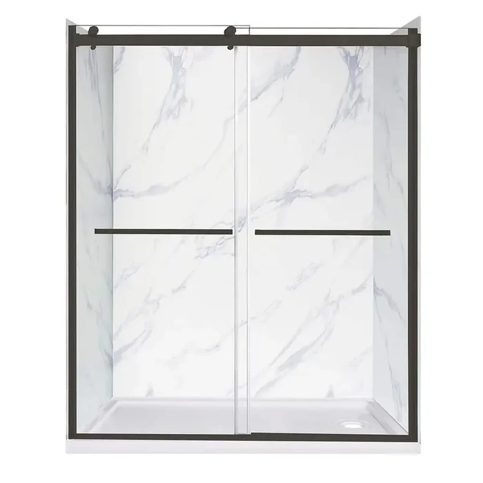 60 in. L x 32 in. W x 78 in. H Right Drain Alcove Shower Stall Kit in Carrara and Matte Black Hardware