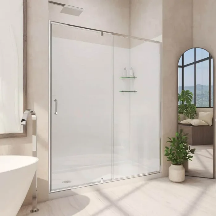 60 in. W x 30 in. D x 78-3/4 in. H Pivot Semi-Frameless Shower Door Base and White Wall Kit in Chrome