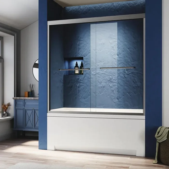 60 in. W x 57 in. H Semi Frameless Sliding Tub Door in Chrome with Clear Glass and 304 Stainless Steel Handles