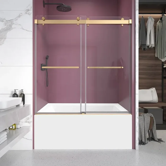 60 in. W x 60 in. H Double Sliding Frameless Shower Tub Door in Brushed Gold with Clear 3/8 in. Glass