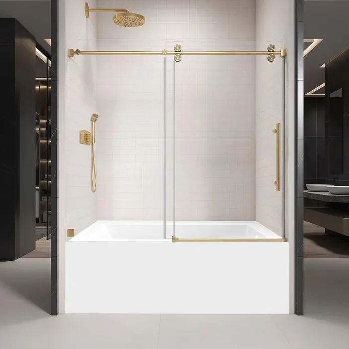 60 in. W x 66 in. H Single Sliding Frameless Tub Door in Brushed Gold with Clear 3/8 in. Glass