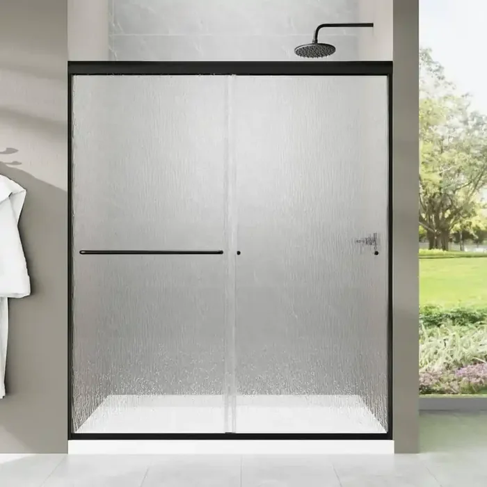 60 in. W x 70 in. H Sliding Framed Shower Door in Matte Black with Clear Rain Pattern Glass