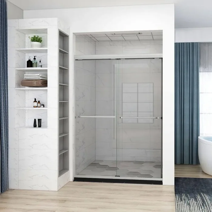 60 in. W x 72 in. H Sliding Semi-Frameless Shower Door in Silver with 3/8 in. Clear Glass