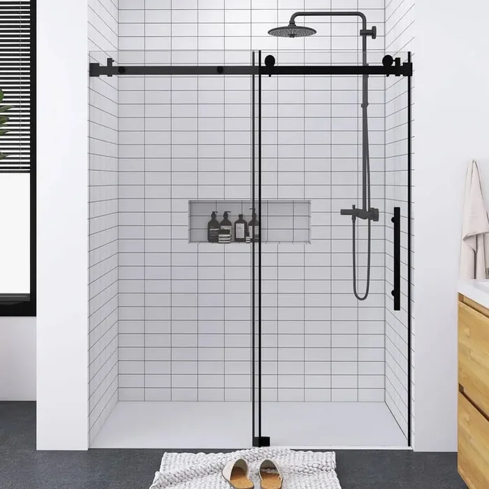 60 in. W x 76 in. H Single Sliding Frameless Shower Door in Matte Black with Tempered Glass