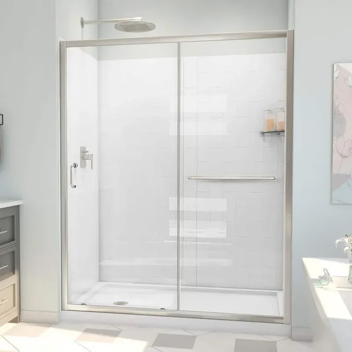 60 in. W x 78-3/4 in. H Sliding Semi-Frameless Shower Door Base and White Wall Kit in Brushed Nickel and Clear Glass