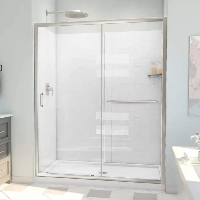 60 in. W x 78-3/4 in. H Sliding Semi-Frameless Shower Door Base and White Wall Kit in Brushed Nickel and Clear Glass