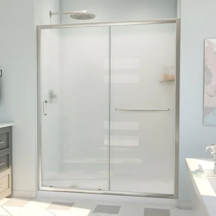 60 in. W x 78-3/4 in. H Sliding Semi-Frameless Shower Door Base and White Wall Kit in Brushed Nickel and Frosted Glass