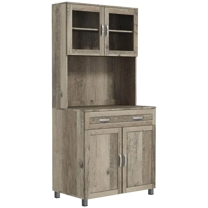 67 in. Modern Kitchen Pantry Organizer, Freestanding Storage Cabinet with Framed Glass Doors and Drawers, Gray