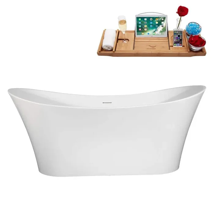 67 in. x 31 in. Acrylic Freestanding Soaking Bathtub in Glossy White With Matte Oil Rubbed Bronze Drain, Bamboo Tray