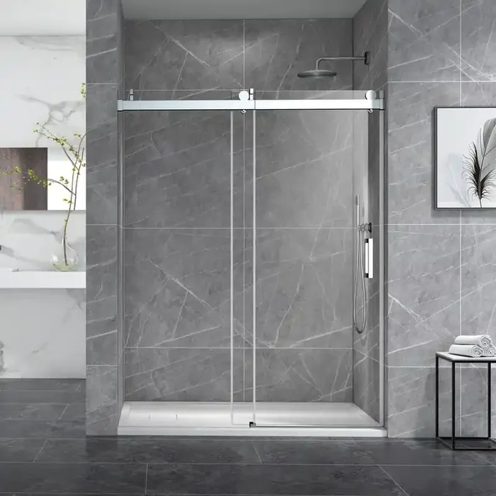 72 in. W x 76 in. H Frameless Sliding Tub Door in Brushed Nickel with 10mm Clear Glass, Grab Bar and Exposed Rollers
