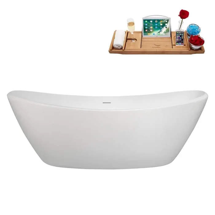 75 in. x 35 in. Acrylic Freestanding Soaking Bathtub in Glossy White with Polished Chrome Drain, Bamboo Tray