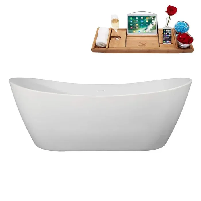 75 in. x 35 in. Acrylic Freestanding Soaking Bathtub in Matte White With Polished Chrome Drain, Bamboo Tray
