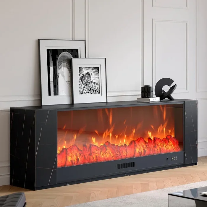 79″ Electric TV Stand, Modern Media Console with Fireplace and Sintered Stone in Black